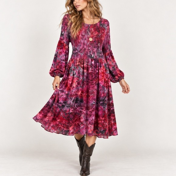Soft Surroundings Dresses & Skirts - Soft Surroundings Midi Dress Womens PM Pink Purple Velvet Smocked Whimsigoth
